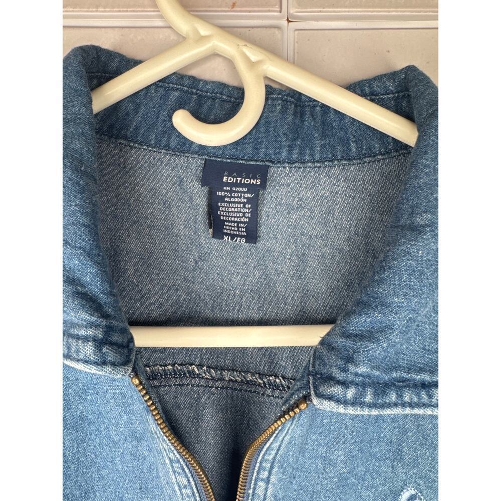Vintage Basic Editions Denim Full Zip Shift Dress Embroidered Flowers Sz Large - Picture 2 of 6